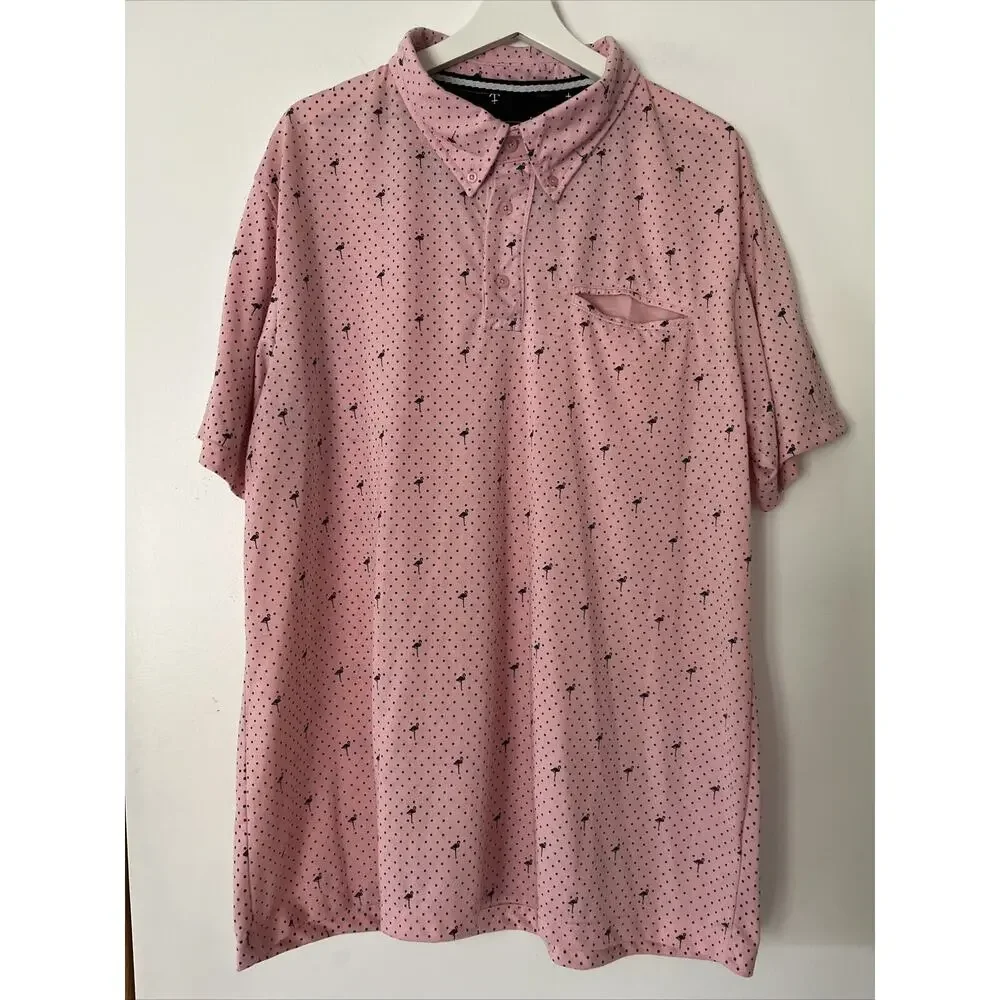 Reset Polo Shirt Mens XXL Short Sleeve Stretch Knit Novelty Print Pink Flamingos
